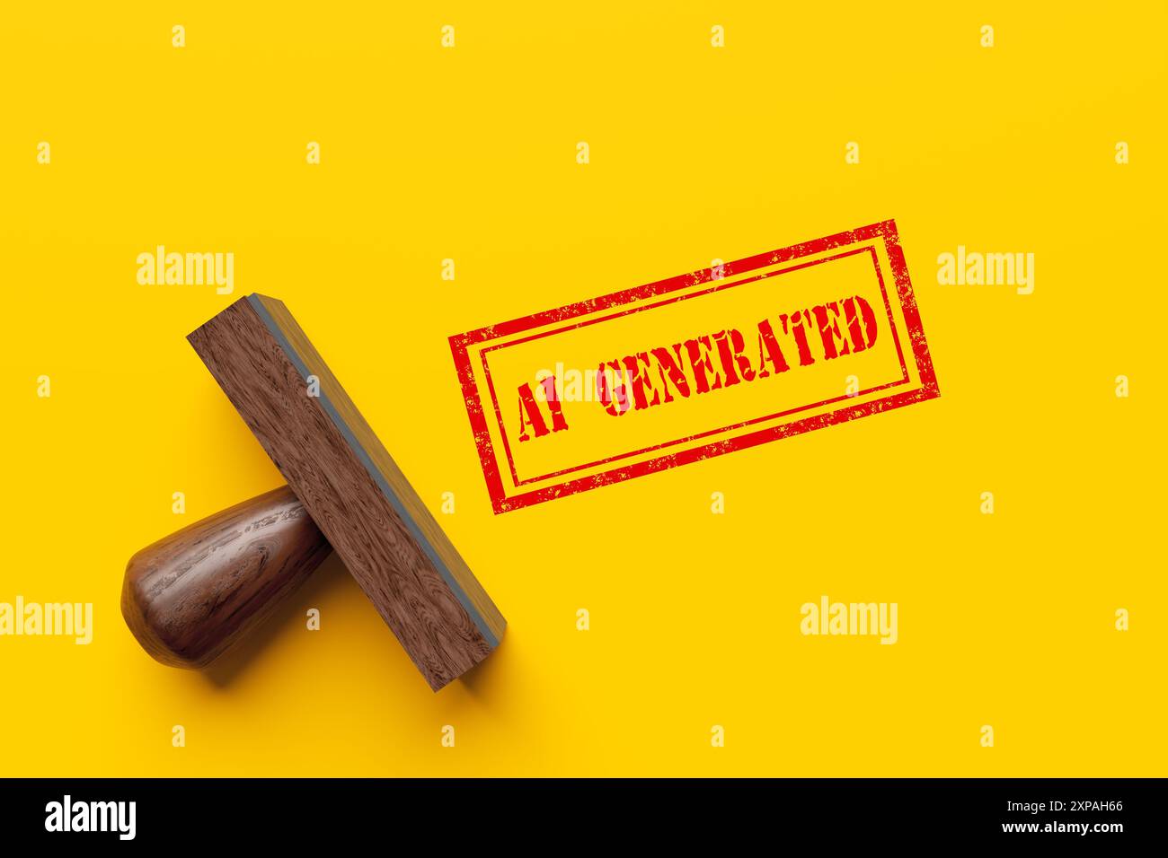 Ein Holzstempel prägt ein KI-generiertes Schild auf gelbem Hintergrund. Identifizieren von KI-generierten Arbeiten. Unterscheidung zwischen dem, was durch künstliche Int hergestellt wird Stockfoto