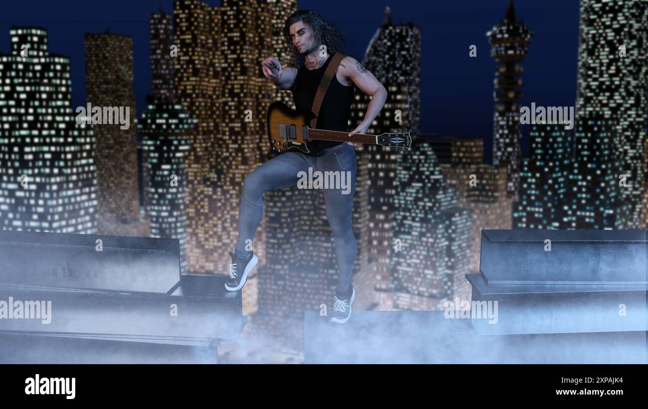 Ein männlicher Rockstar steht hoch über der Stadt auf Stahlträgern und spielt seine elektrische Gitarre. Stockfoto