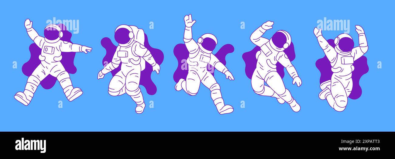 Y2K-Astronaut im Freiraum Konturvektorillustrationen Set. Kosmonauten in Raumanzügen futuristische Galaxien-Explorationselemente für Aufkleber, Drucke und Stock Vektor