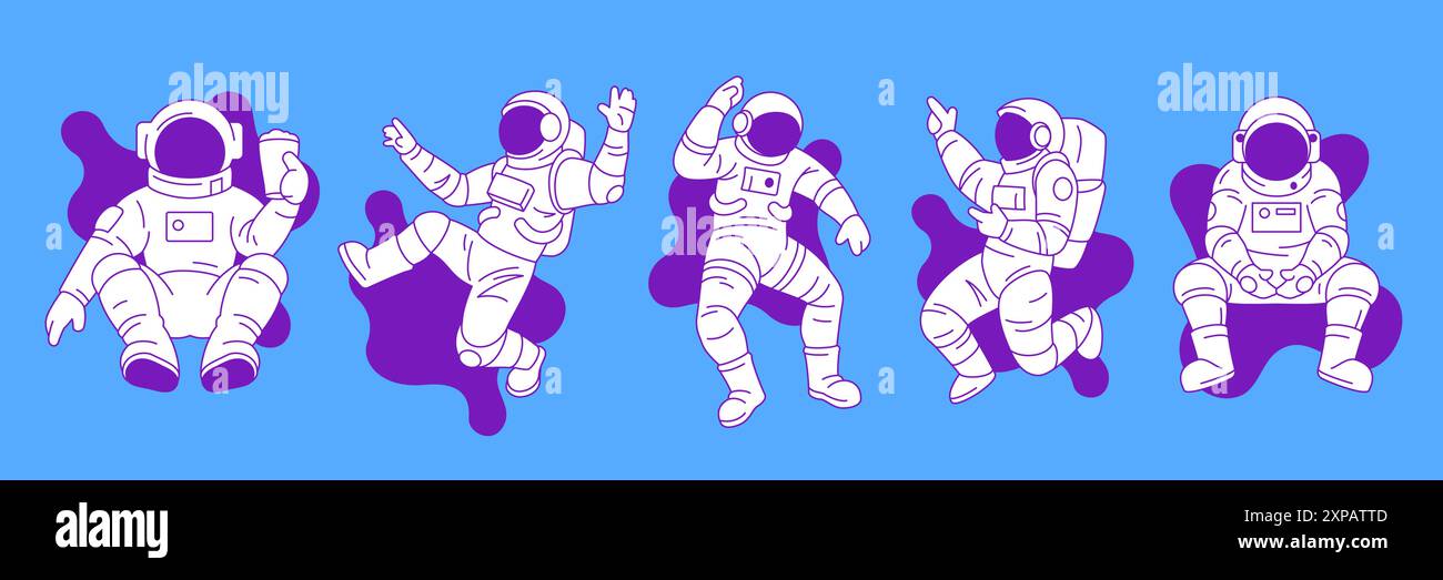 Y2K futuristische Astronauten in Raumanzug zeitgenössische Pop-Art-Vektor-Illustrationen Set. Science-Fiction-Kosmonauten verwenden Elemente für Aufkleber, Druck und T-shi Stock Vektor