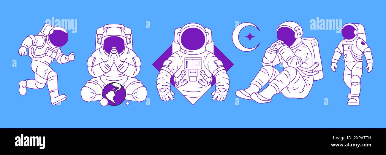 Y2K futuristische Astronauten in Raumanzug zeitgenössische Pop-Art-Vektor-Illustrationen Set. Science-Fiction-Kosmonauten verwenden Elemente für Aufkleber, Druck und T-shi Stock Vektor