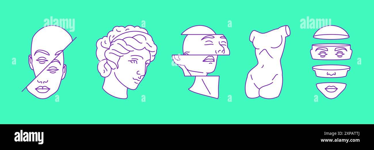 Y2K antike Skulpturen Abschnitt digitale Person zeitgenössische Pop Art Vektor Illustrationen Set. Griechischer Körper Kopf Denkmäler futuristische Fantasie surreal Stock Vektor