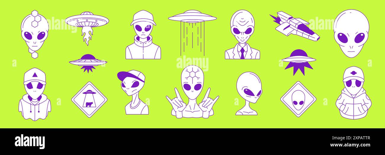 Y2K surreale Science Fiction Aliens zeitgenössische Pop Art Stil Vektor Illustrationen Set. Psychedelische, trendige UFO-Grafikelemente für Aufkleber, Aufdruck und Stock Vektor