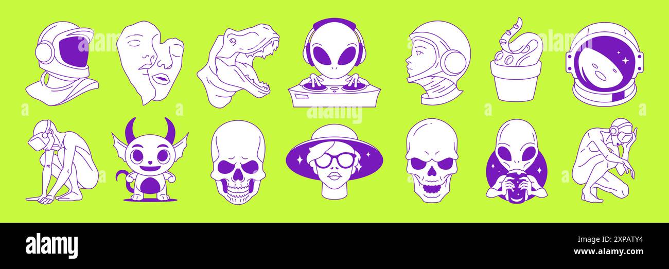 Y2K trendige Pop Art Science Fiction futuristische zeitgenössische Tattoos Vektor Illustrationen Set. Surreale menschliche Charaktere, Aliens, Virtual-Reality-Grafik Stock Vektor