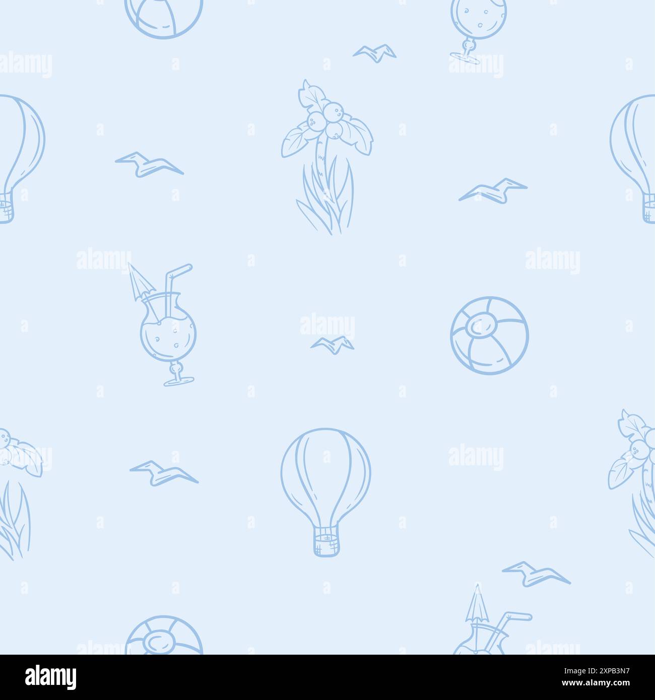 Nahtloses Muster mit Urlaub, Reisen und Erholung am Meer. Illustration mit Ballon, Palme, Ball und Cocktail Stock Vektor