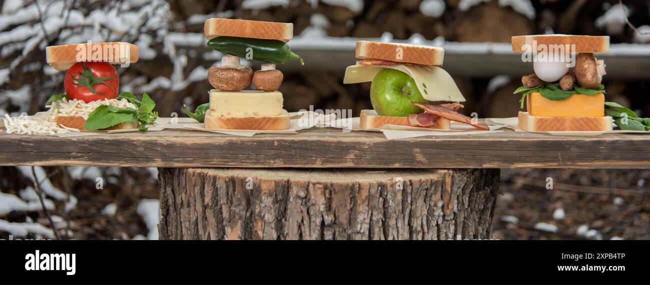 Vier einzigartige Sandwiches mit verschiedenen Zutaten in einem rustikalen Outdo Stockfoto