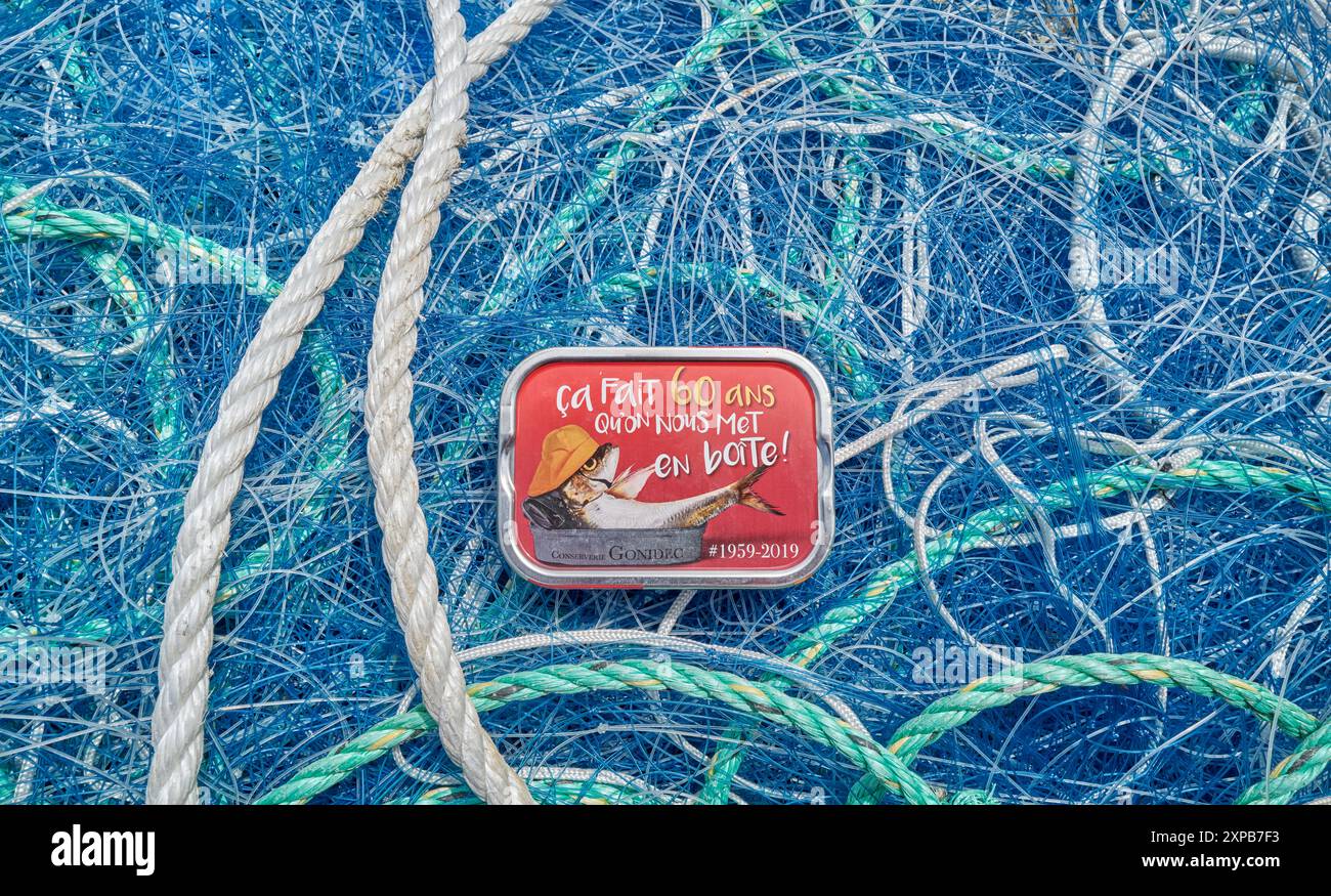 Dekorative Sardinendose Sonderausgabe, Frankreich hergestellt von Les Mouettes d'Arvor, der letzten existierenden Fischkonservenerei in Concarneau, Frankreich Stockfoto