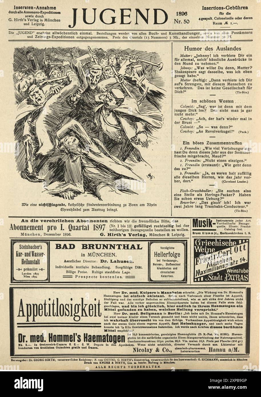 Alte Zeitschriftenseite, Deutsch, Jugend, Cartoon, Studentenaufstand, Werbung aus den 1890er Jahren, 19. Jahrhundert Stockfoto