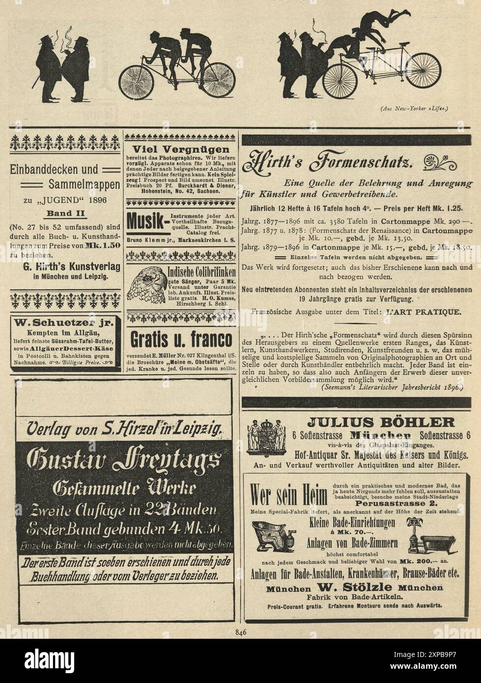 Cartoon, Radunfall, Seite alter deutscher Zeitungsanzeigen, 1890er Jahre, 19. Jahrhundert, Jugend Stockfoto