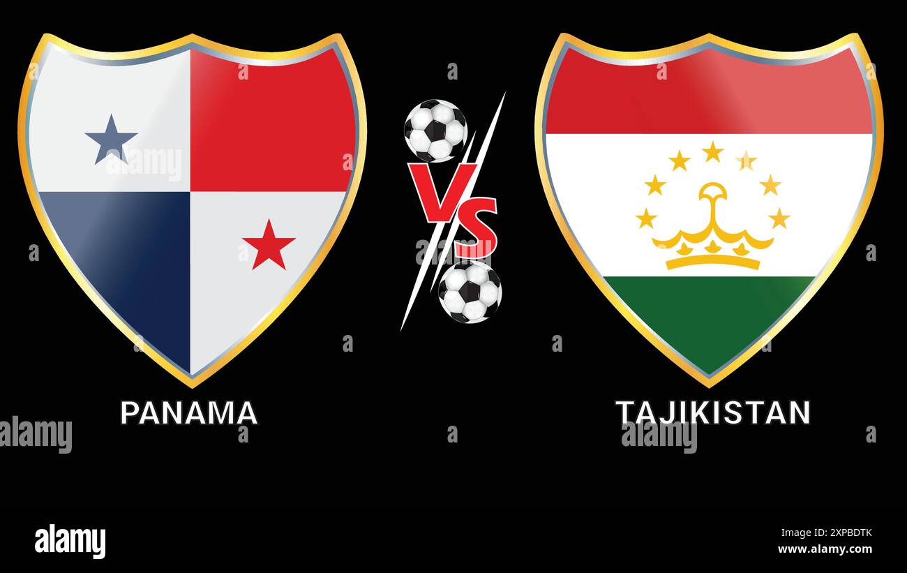 Spannender Fußball-Kampf: Panama gegen Tadschikistan mit schwarzem Hintergrund und gegen Fahnen Stock Vektor