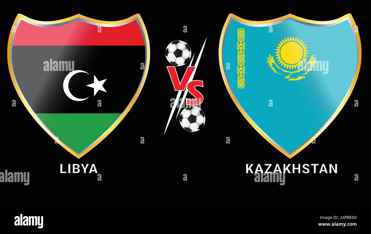 Fußball-Spiel Libyen gegen Kasachstan mit schwarzem Hintergrund und gegen Fahnen Stock Vektor