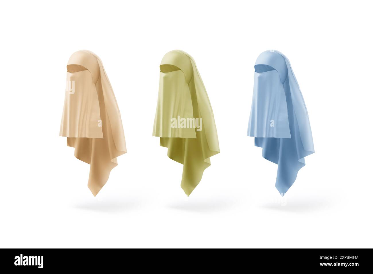 Leeres farbiges Niqab-Modell für Frauen, Seitenansicht, 3D-Rendering. Leerer rosafarbener, grüner und blauer islamischer Eulen-Kopfschmuck, isoliert. Transparenter arabischer Stoff Stockfoto