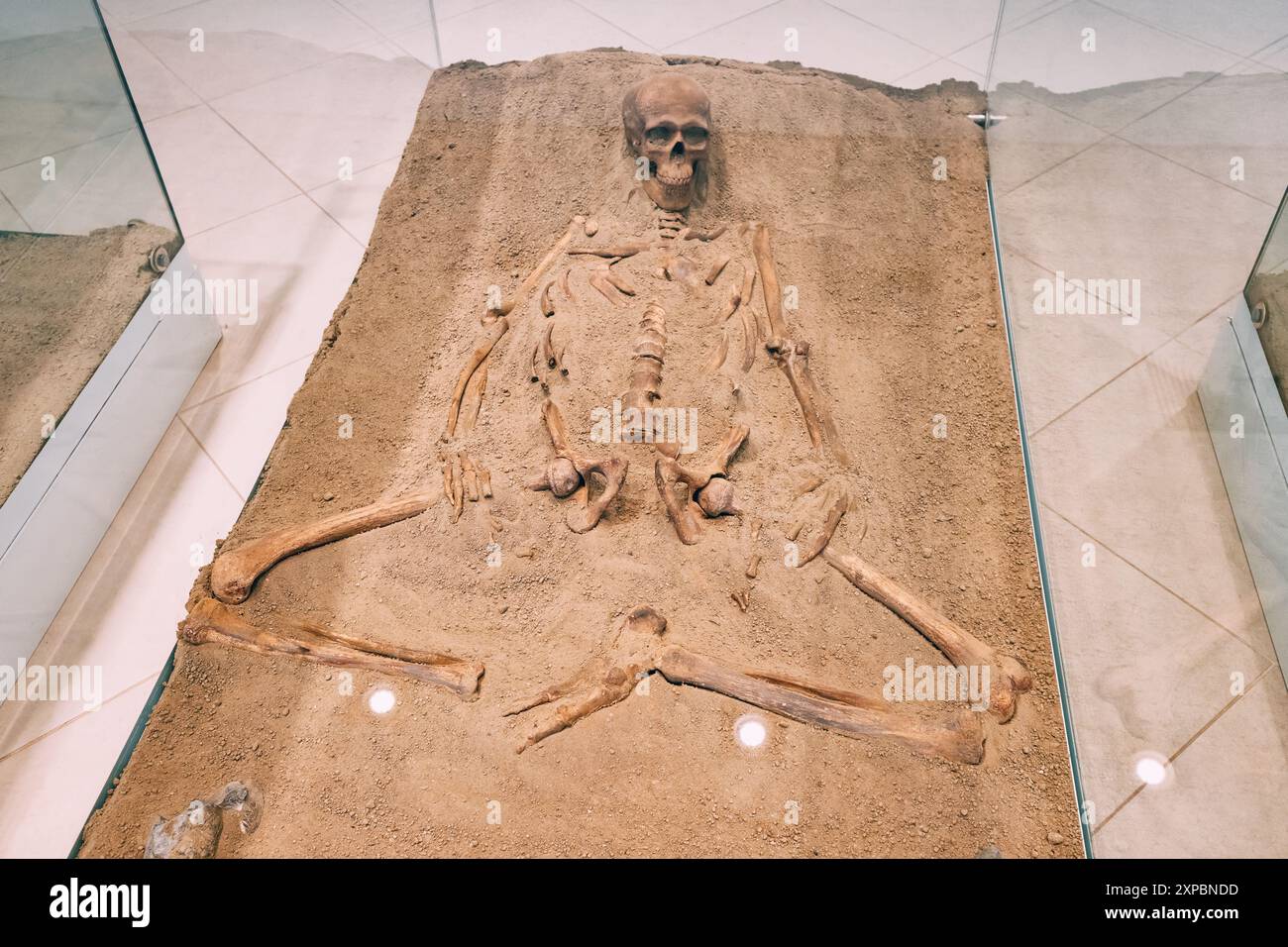 9. Juni 2024, Boljetin, Serbien: Rekonstruktion menschlicher Skelette und Knochen im Museum Lepenski Vir mit prähistorischen Überresten Stockfoto