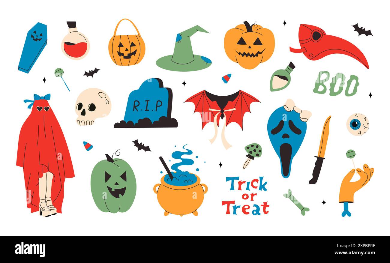 Happy Halloween Set mit Elementen, Geist, Kürbis. Stock Vektor