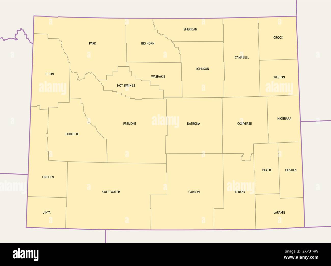 Wyoming, US-Bundesstaat, unterteilt in 23 Countys, politische Karte mit Grenzen und County-Namen. Bundesstaat in der Region Mountain West der Vereinigten Staaten. Stockfoto