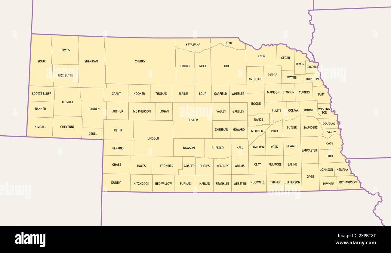 Nebraska, US-Bundesstaat, unterteilt in 93 Countys, politische Karte mit Grenzen und County-Namen. Binnenstaat im Mittleren Westen der USA. Stockfoto