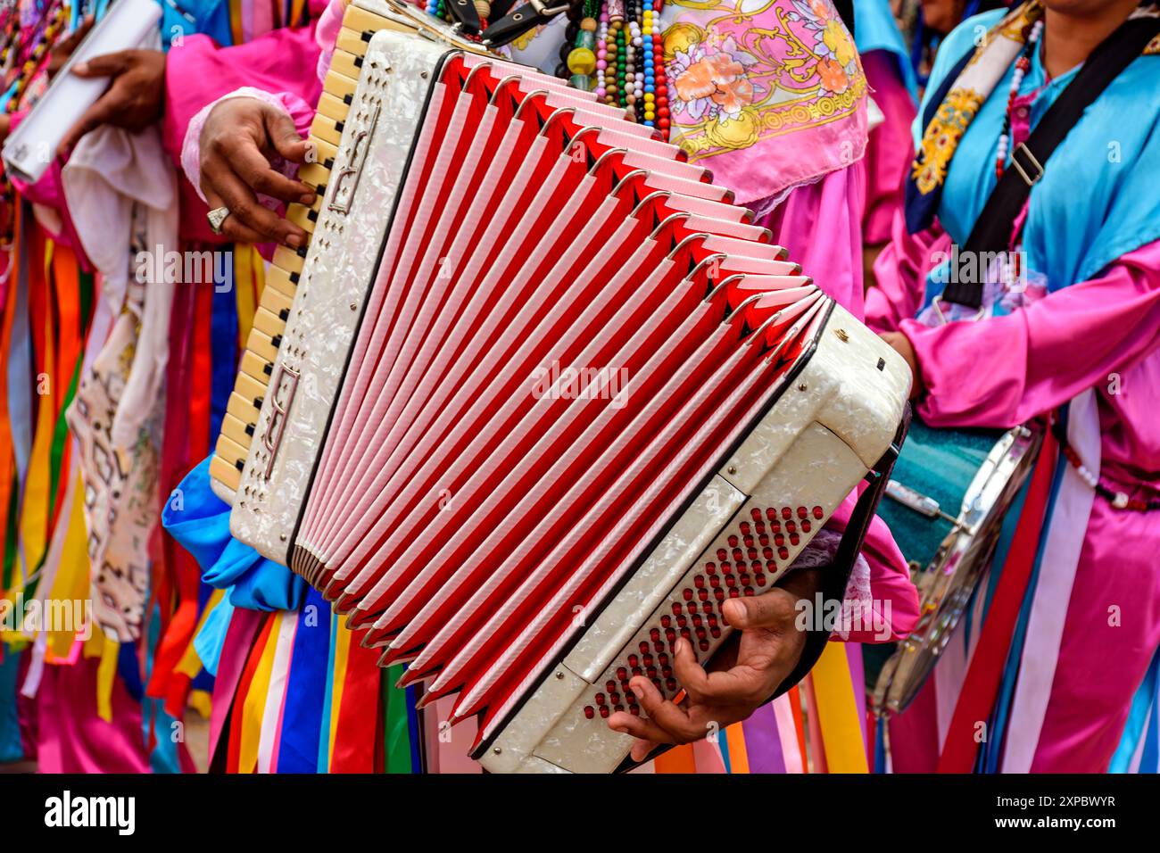 Akkordeonist spielt sein Instrument während eines religiösen Festivals in den Straßen von Belo Horizonte, Brasilien Stockfoto