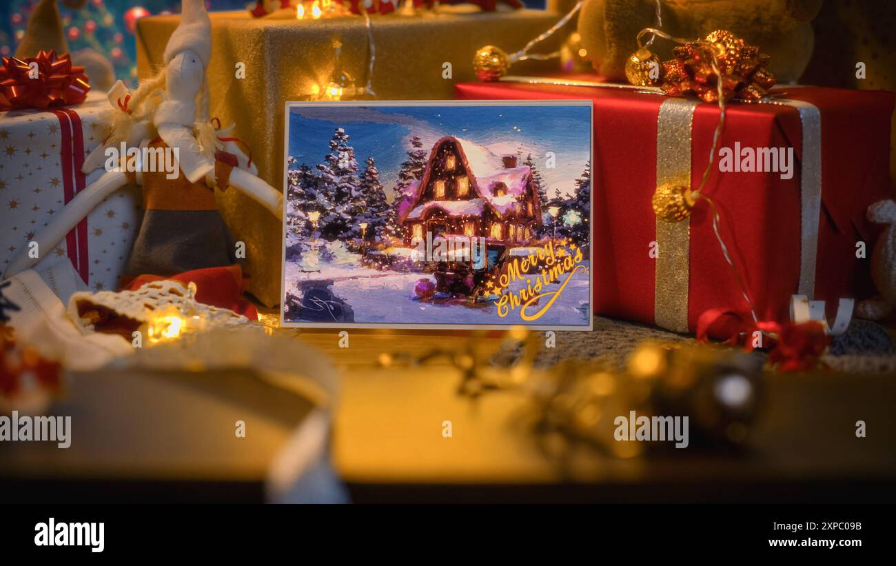 Magische Weihnachtskarte oder Kunstgemälde mit einem gemütlichen Haus, mit festlicher Dekoration für Winterferien. Heim des Weihnachtsmanns in einem Wald mit viel Schnee und einem Schlitten mit Geschenken Stockfoto