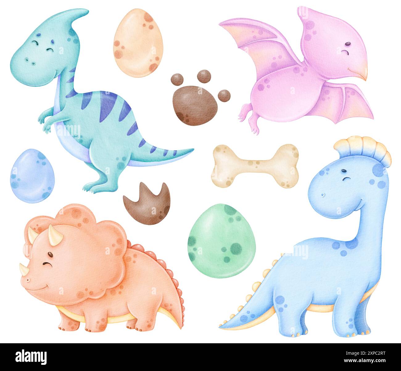 Niedliche Dinosaurier ClipArt auf weißer isolierter, schöner Dino-Kinderillustration Stockfoto