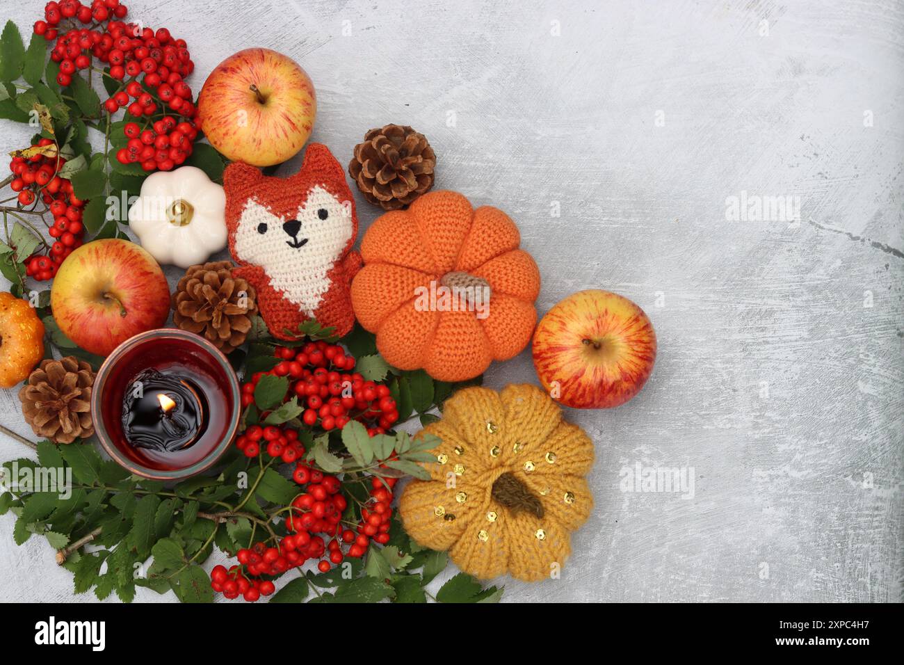 Warmes Stillleben im Herbst. Farbenfrohe Komposition mit dekorativen Kürbissen, vogelbeeren, Kerze, Blättern und Blumen. Tischdekoration Nahaufnahme Foto. Stockfoto