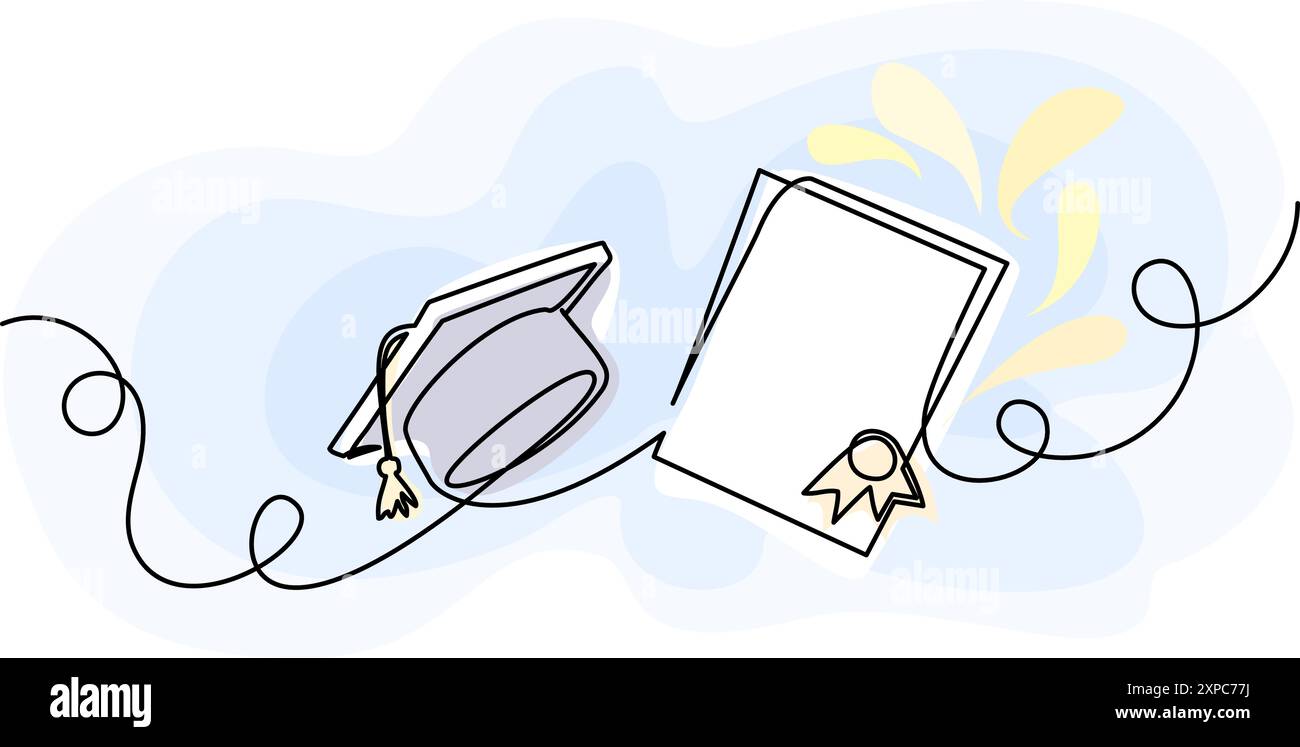 Abschlusskappe und Zertifikat. Bildungskonzept. Durchgehend eine Linie Stock Vektor