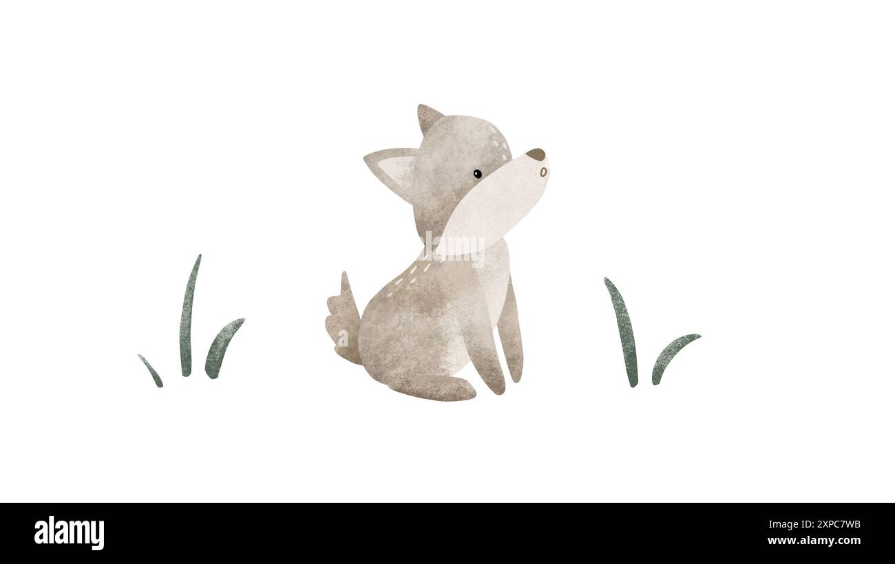 Zeichentricktier für Kinder Design. Handgezeichnete Illustration des grauen süßen Wolfes und der grünen Gnade auf isoliertem Hintergrund. Minimalistischer skandinavischer Stil. Wild Stockfoto