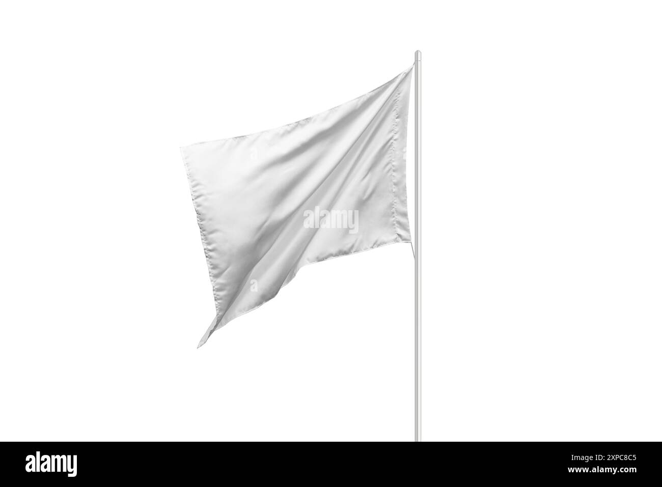Isoliertes Modell mit weißer Flagge an einem dünnen Pfosten. Perfekt für benutzerdefinierte Designs, Logos oder nationale Flaggen. Sauberes und vielseitiges Design für verschiedene Anwendungen Stockfoto