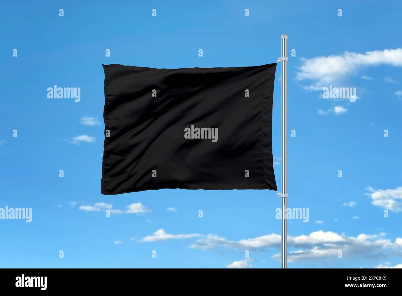 Schwarze Flagge mit sauberer Oberfläche, ideal für Logo-Werbung und Branding. Bietet einen vielseitigen Hintergrund für die Präsentation benutzerdefinierter Designs und der Unternehmens-ID Stockfoto