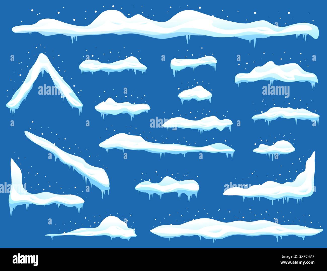 Schneekappen. Cartoon-Schneeschwankungen. Verschiedene Formen mit Eiszapfen. Winterrahmendekoration. Schneebedecktes Dach. Kalte Jahreszeit. Eisige Haufen. Verteilung nach Stock Vektor