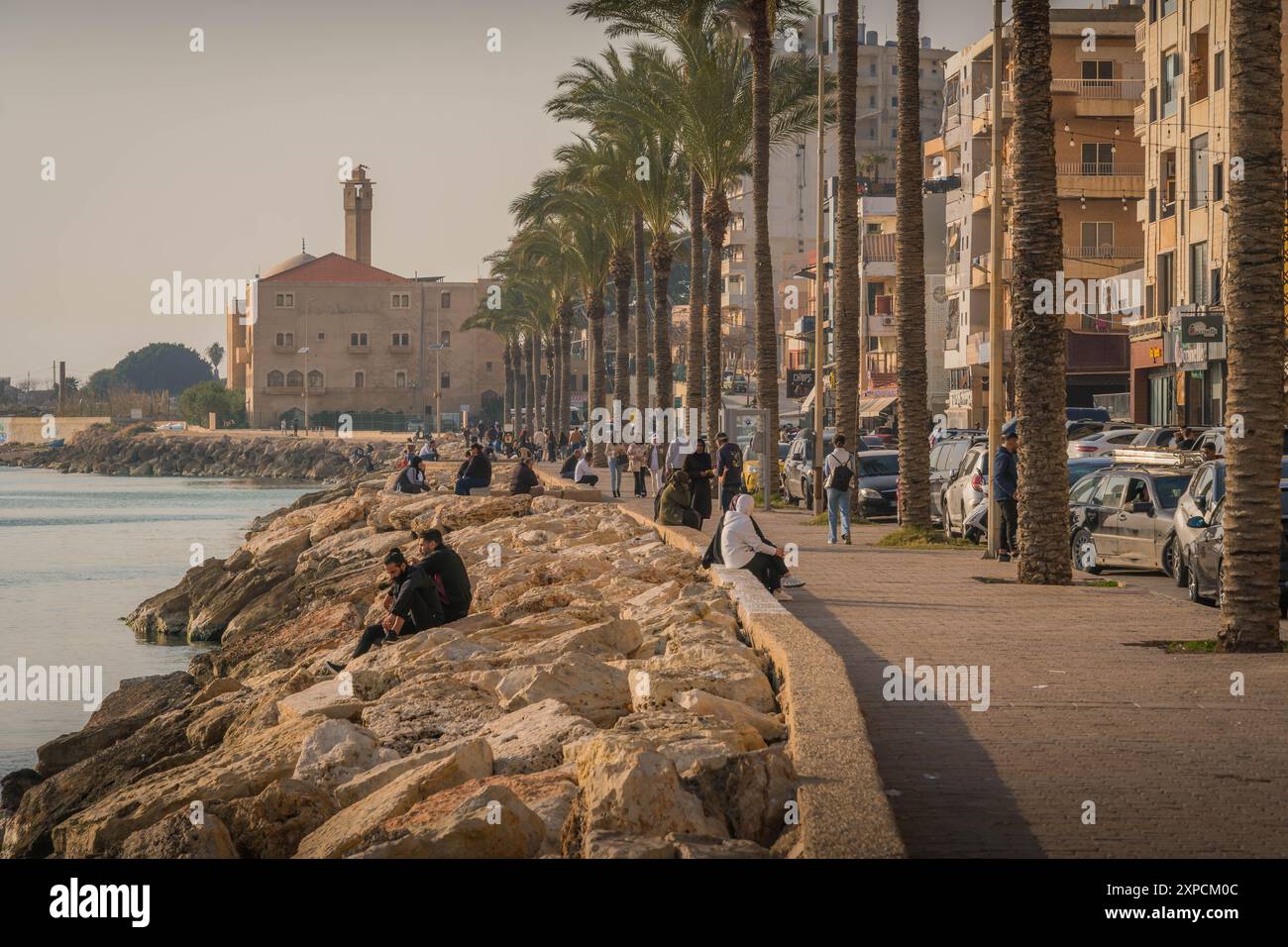 Die jungen Araber am Ufer von Tyrus mit den Palmen und der Promenade entlang des Mittelmeers, Libanon, Naher Osten. Stockfoto