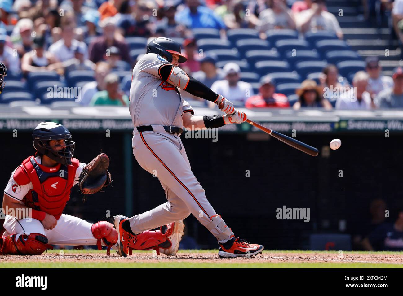 CLEVELAND, OH - 04. AUGUST 2024: Der Baltimore Orioles-Fänger Adley Rutschman (35) schlägt während eines MLB-Spiels gegen die Cleveland Guardians am 4. August 1989 im Progressive Field in Cleveland, Ohio. (Foto: Joe Robbins/Image of Sport) Stockfoto