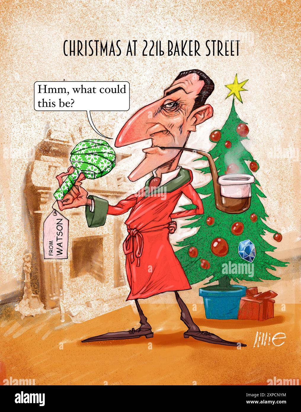 Humorvolle Grußkarte, Weihnachtskarte Magazin Cover, Sherlock Holmes, ein Geschenk von Dr. Watson, fragt sich, was es ist 221b Baker Street, Stockfoto