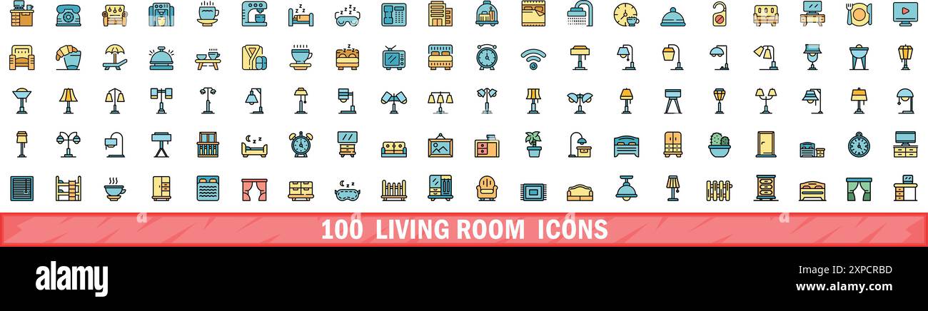 100 Symbole im Wohnzimmer. Farblinie Satz der Vektorsymbole im Wohnzimmer dünne Linie Farbe flach auf weiß Stock Vektor