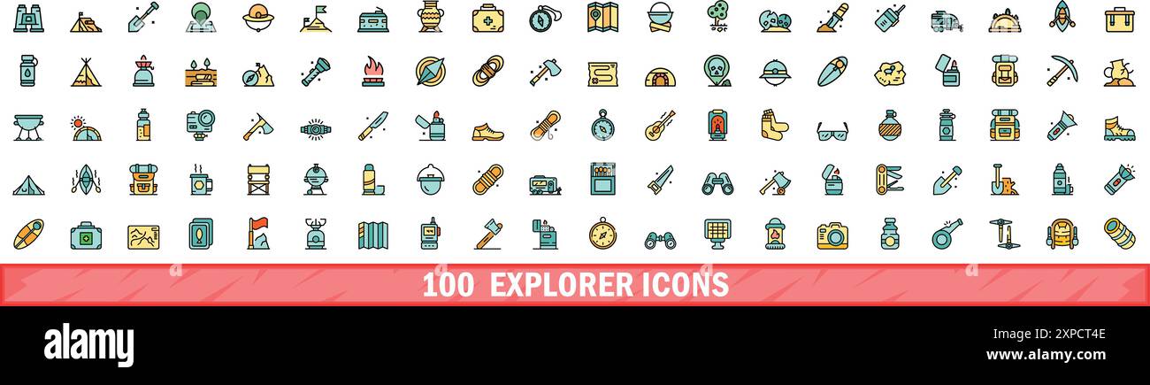 100 Explorer-Symbole festgelegt. Farblinienset von Explorer-Vektorsymbolen dünne Linie Farbe flach auf weiß Stock Vektor