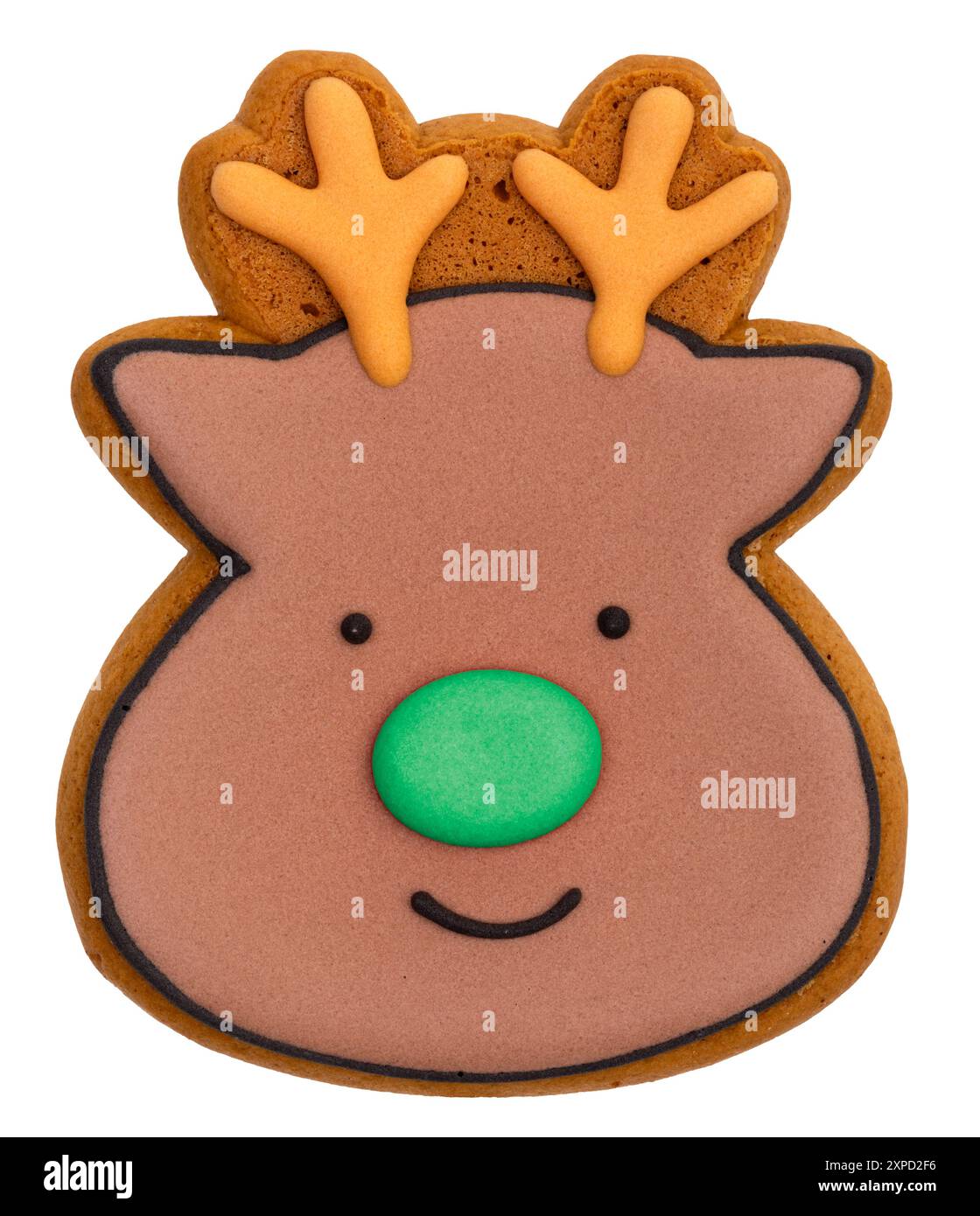 Weihnachtliches Lebkuchenkeks geformt als Rentier isoliert auf weißem Hintergrund Stockfoto