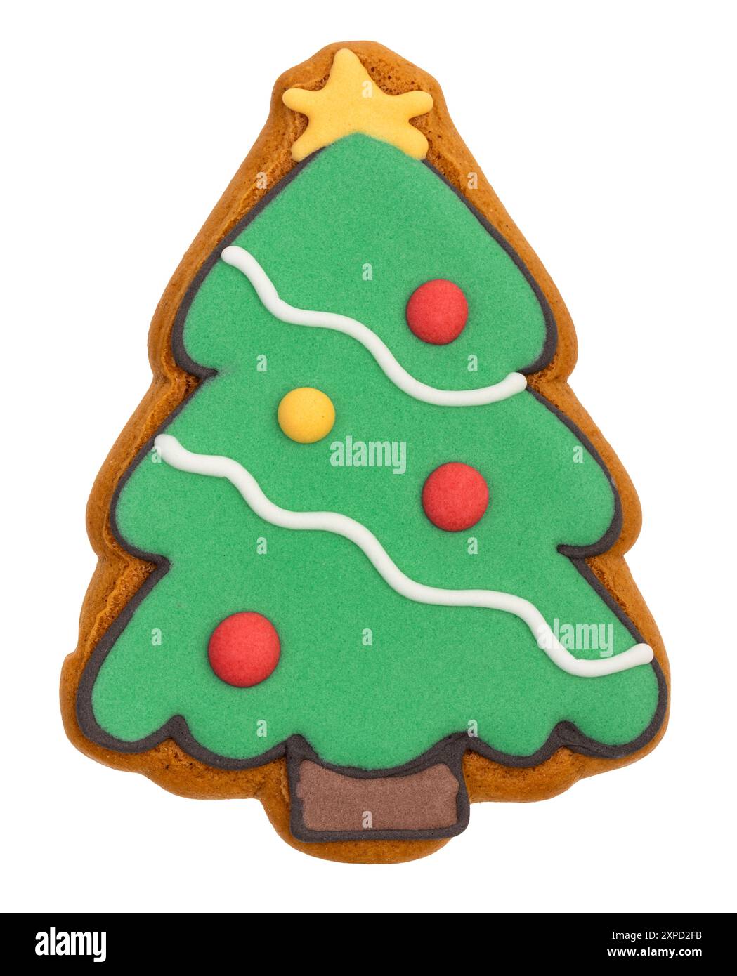 Weihnachtliches Eis-Lebkuchenkeks geformt als Weihnachtsbaum isoliert auf weißem Hintergrund Stockfoto