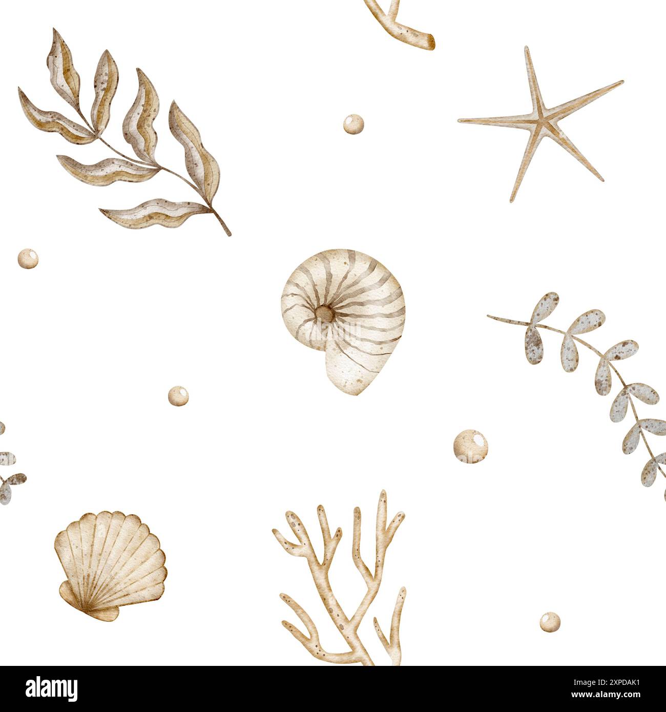 Nahtloses Muster mit Seestern Muscheln Korallen Aquarellillustration für Textilien Stoffe Kleidung Stockfoto