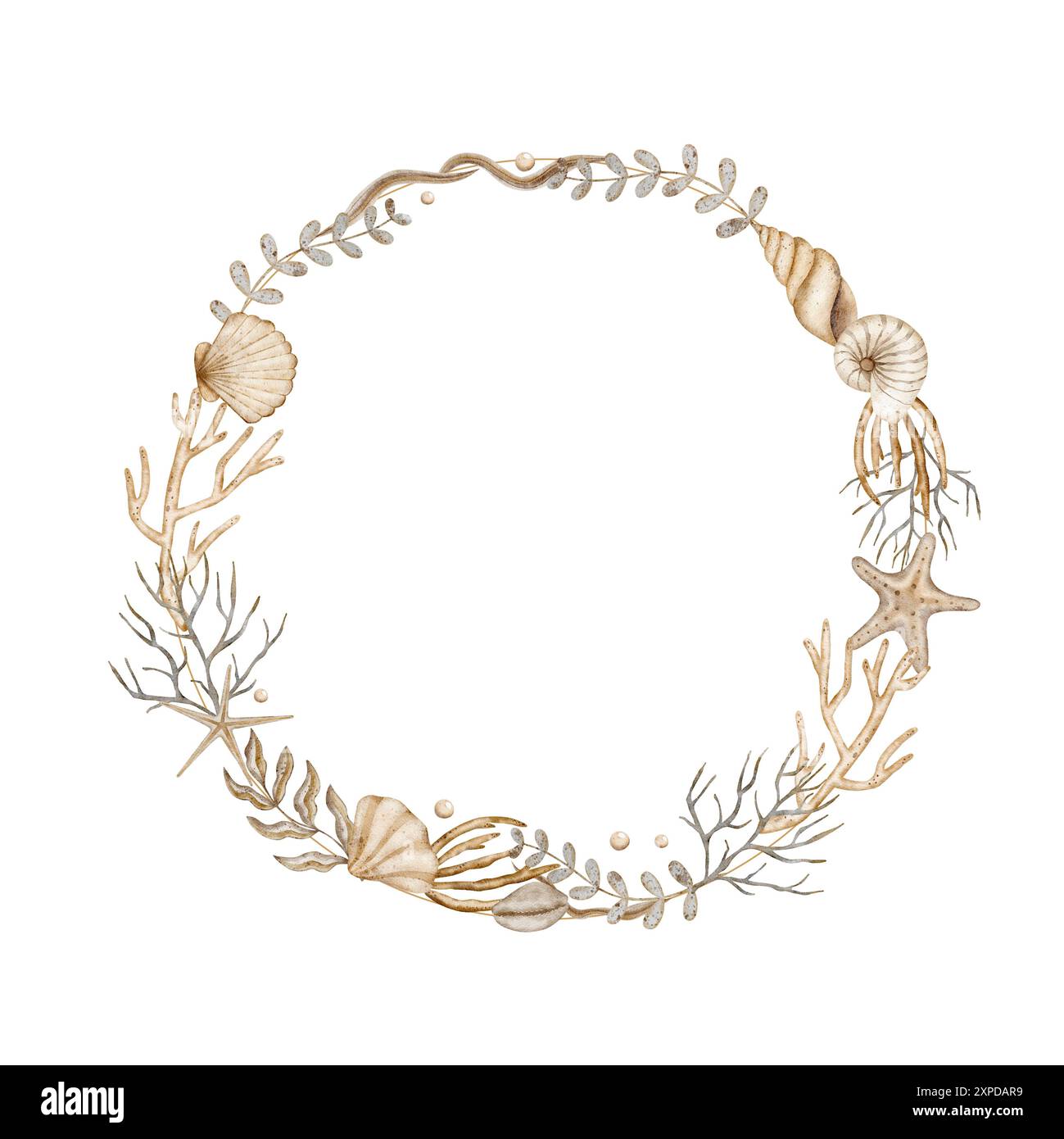 Kranz aus Muscheln, Algen und Korallen. Aquarellillustration für Design-Grußkarte, Poster für Kinder, Geschirr, Kleidung, Vorlagen Stockfoto
