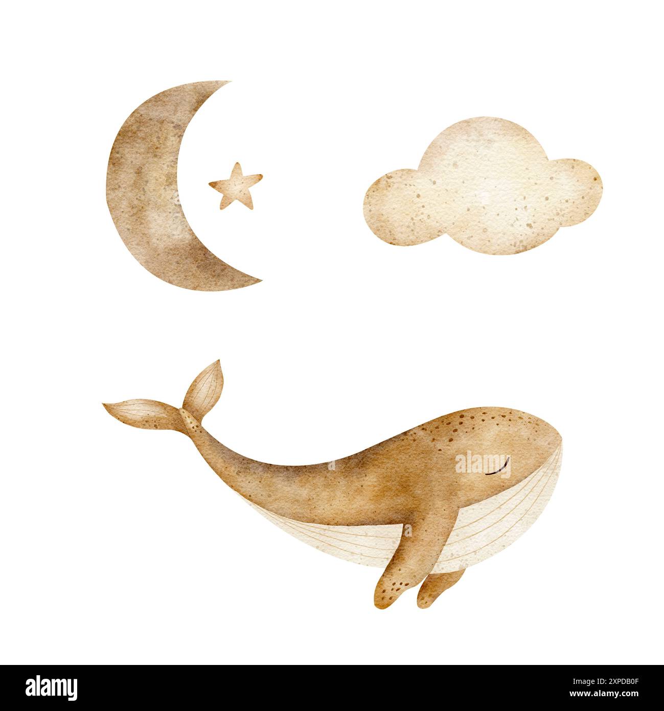 Wal, Mond, Wolke, Stern in beigefarbenen Farben. Set aus monochromen Aquarellabbildungen für Karten, Poster und Kinderzimmerdekor Stockfoto