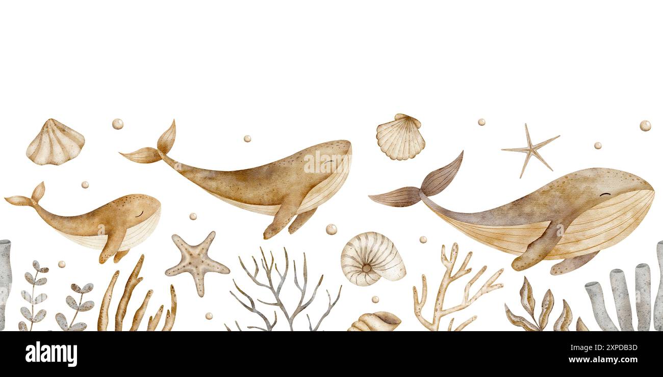 Border Wale Muscheln Seesterne Korallen Aquarellillustration für Banner Tapete Kindergarten Website Stockfoto