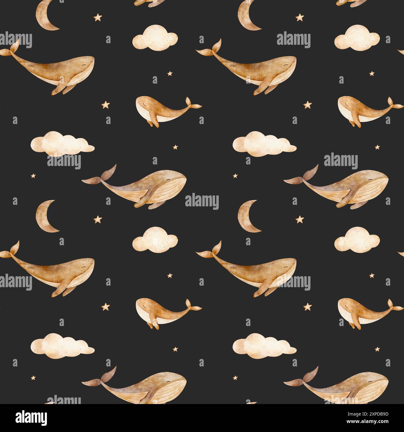 Muster der Walfamilie, Mond, Wolken, Sterne in beiger Farbe. Aquarellabbildungen auf dunklem Hintergrund Stockfoto