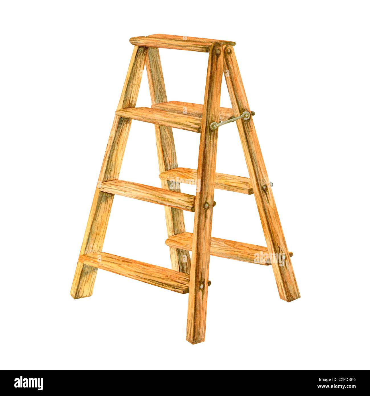 Alte Gartenleiter. Handgezeichnete Steppenleiter aus Holz in Aquarell. Garten- und Baukonzept. Niedliche isolierte Illustration für Grußkarten, Drucke Stockfoto