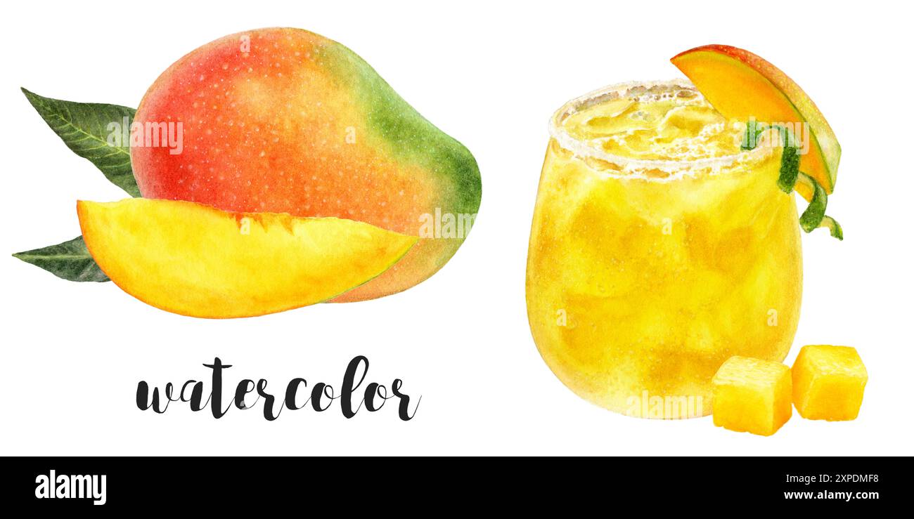 Ein erfrischendes tropisches Getränk, begleitet von einem wunderschönen Mango Illustrations Design Stockfoto