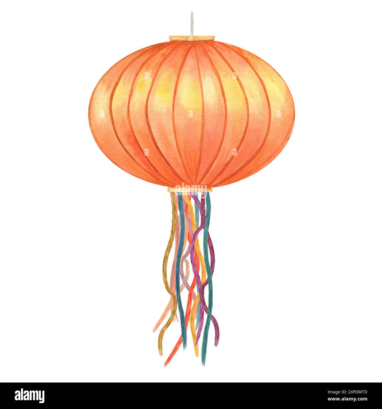 Hängende Diwali-Laterne. Festliche orangefarbene Papierlampe mit mehrfarbigen Luftschlangen. Lichtfestival von Indien oder China. Aquarellabbildung. Stockfoto