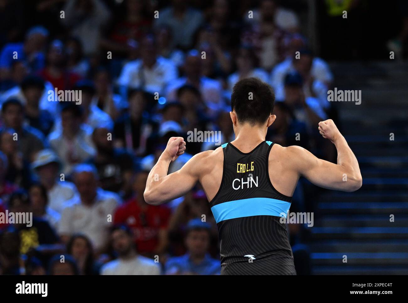 Paris, Frankreich. August 2024. Cao Liguo aus China feiert nach dem Sieg des Ri SE Ung der Demokratischen Volksrepublik Korea (DVRK) im griechisch-römischen 60 Halbfinale der Männer bei den Olympischen Spielen 2024 in Paris, Frankreich, 5. August 2024. Quelle: Wu Wei/Xinhua/Alamy Live News Stockfoto