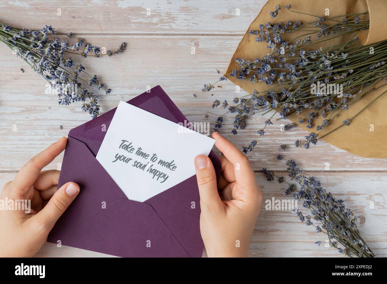Weibliche Hände, die Papierkarten mit Text nehmen, NEHMEN SICH ZEIT, UM IHRE SEELE mit violettem Umschlag GLÜCKLICH ZU MACHEN. Lavendelblume. Draufsicht, flach. Konzept der psychisch-spirituellen Gesundheit Selbstversorgung Wohlbefinden Achtsamkeit Stockfoto