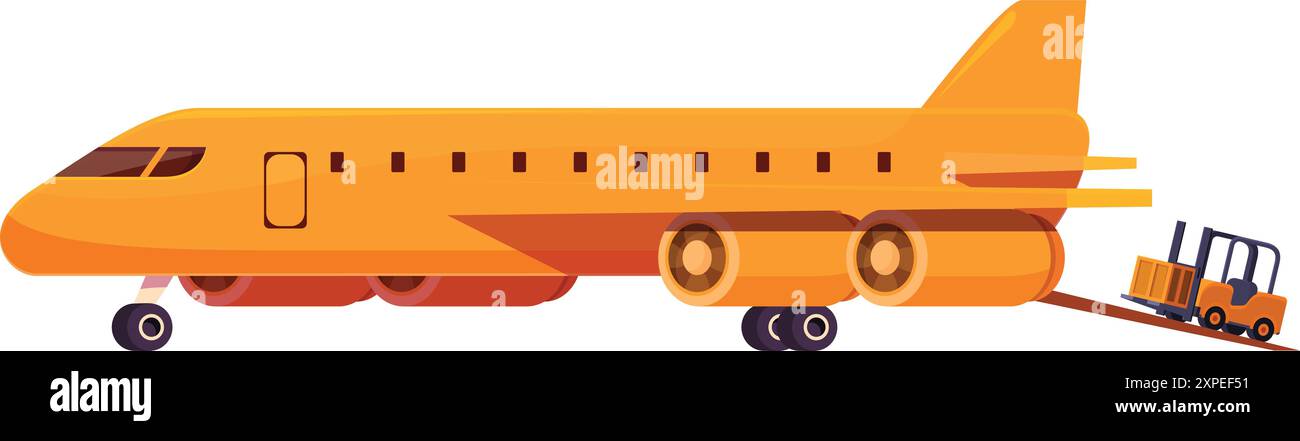 Gabelstapler, die Fracht in einem Flugzeug an einem Flughafenknotenpunkt laden, Luftfrachttransport, globaler Versand und Lieferung, Logistik und Lieferkettenkonzept Stock Vektor