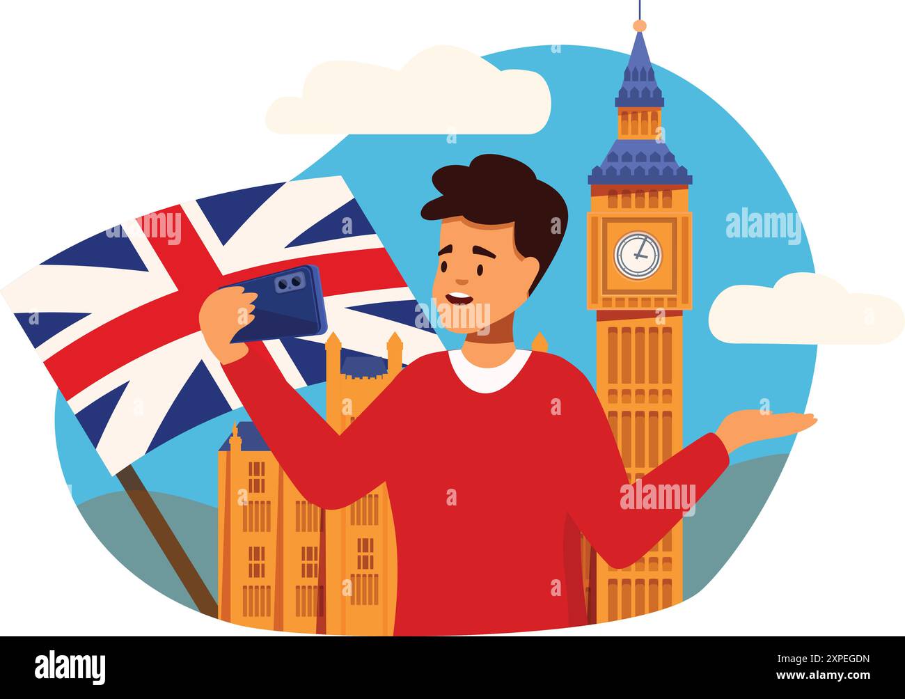 Junger Mann macht Selfie mit Smartphone vor Big ben und Houses of parliament Stock Vektor