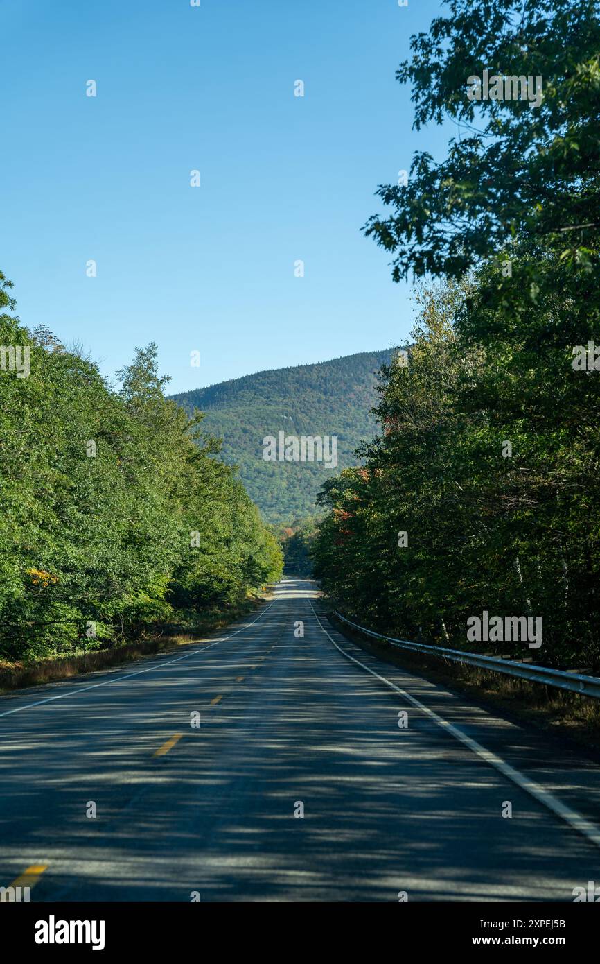 Eine gewundene Straße mit Blick auf die Berge im White Mountain National Forest. Stockfoto
