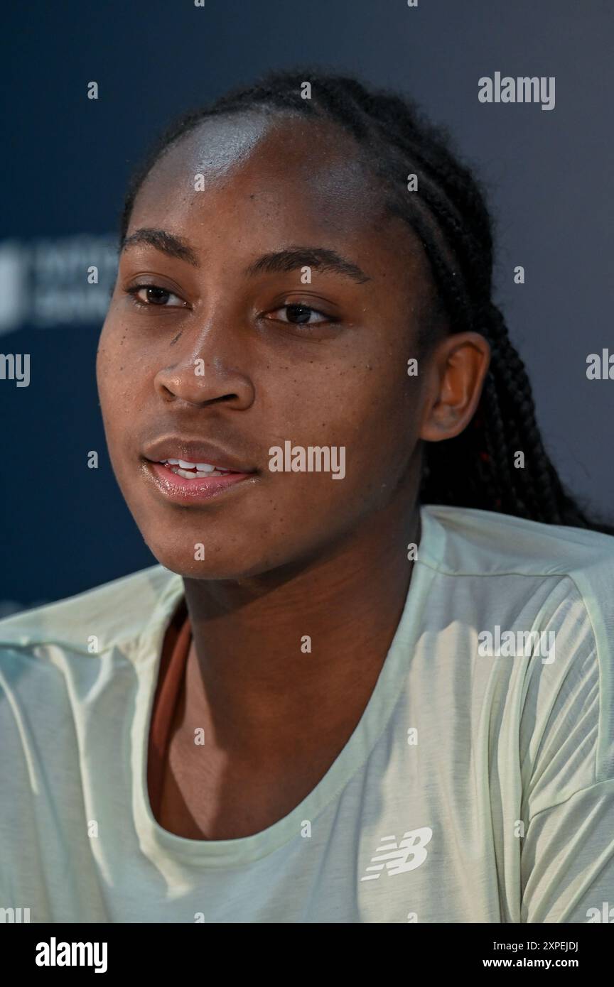 Toronto, Kanada. August 2024. Tennisspieler Coco Gauff nimmt an einer Pressekonferenz bei den WTA 1000 Toronto National Bank Open Teil. Christopher Child/EXimages Credit: EXImages/Alamy Live News Stockfoto